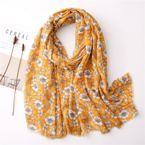 

2020 new spring summer silk scarf cotton linen gardenia flower printed scarf female beach towel sunscreen shawl scarves 90x180cm, Blue;gray