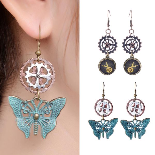 

2 пары винтажная бабочка hollow clover шестерни стимпанк моды серьги падения, Golden