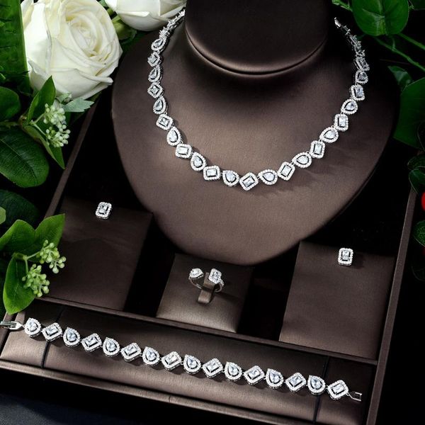 

hibride luxury 4pcs water drop jewelry set for women zirconia wedding accessories bride jewelry set bijoux mariage parure n-1083, Silver