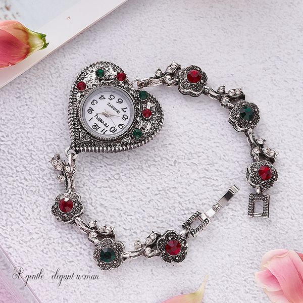 

wristwatches watch women brand vintage heart-shaped bracelet watches casual small colorful wristwatch ladies quartz clock, Slivery;brown