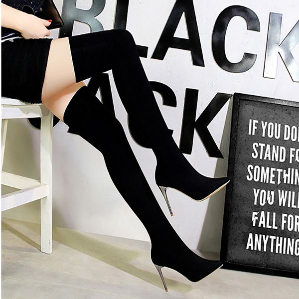 

women over the knee boots woman high leg thin stretch warm shoes ladies pointed toe female shoes women's winter long boots, Black