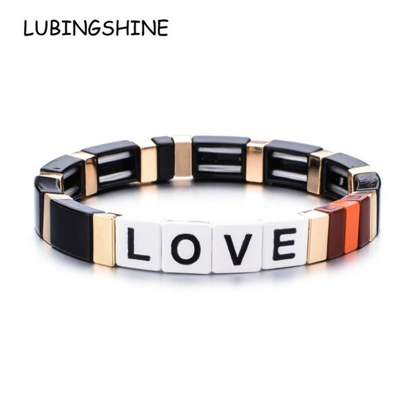 

charm bracelets bohemian enamel tile bead elastic bracelet for women men love letter customize diy rainbow wristband jewelry, Golden;silver