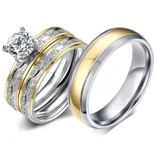 

new fashion popular men's women's zircon double layer ring set couple engagement wedding gift jewelry wholesale, Slivery;golden