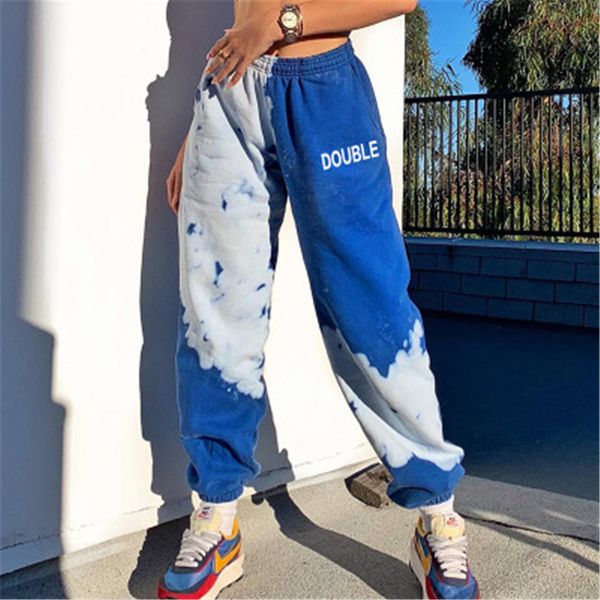 

womens double trousers fashion trend tie dye letter pattern high waist pants designer autumn new female casual loose trousers, Black;white