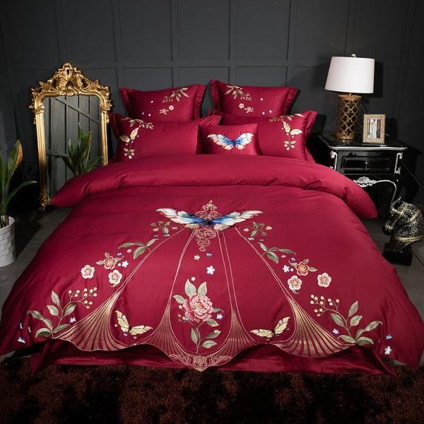 

4/7pcs luxury egyptian cotton butterfly embroidery oriental bedding set  king size duvet cover bed linen sheet set pillow