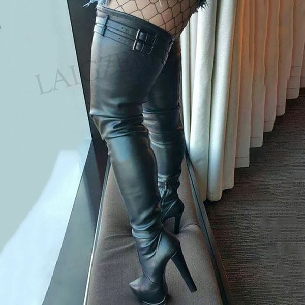 

dobaner women thigh high platform boots chunkyh heels shoes woman over knee side zip boots faux leather plus size 44 47 50 52, Black