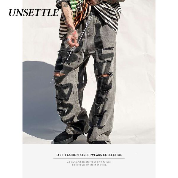 

vintage casual jeans man's straight washed distressed ripped holes pants men punk rock hip hop streetwear trousers male pants, Blue