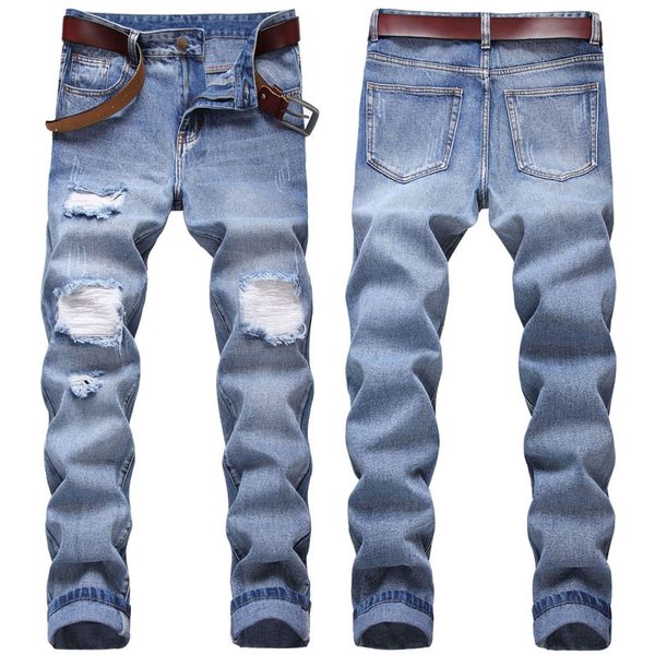 

men's jeans fashion men pant ripped straight slim fit long frayed, Blue