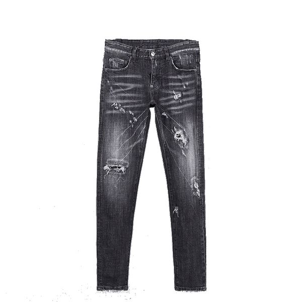 

mens ripped slim fit jeans fashion washed patchwork black hip hop stylist denim pants with holes for men 8221, Blue