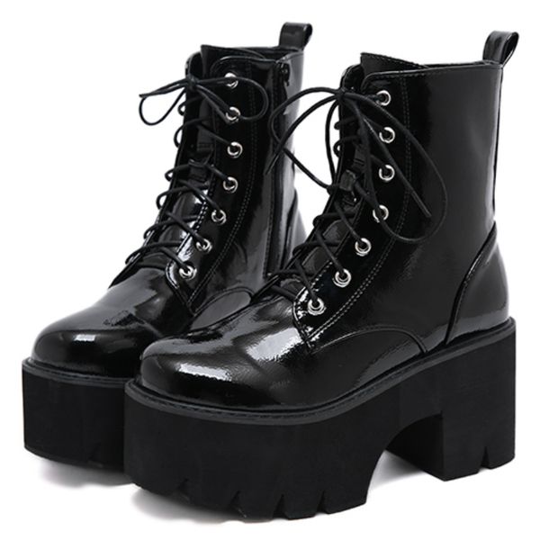 

2020 woman lace autumn boots womens ladies chunky wedge platform black patent leather ankle boots punk goth new arrival