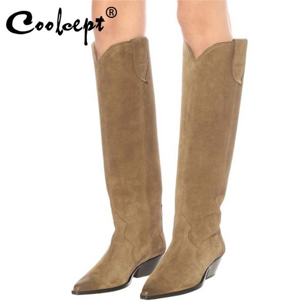 

boots coolcept knee high for women pointed toe thick heel slip on shoes solid color fashion outdoor ladies size 33-43, Black