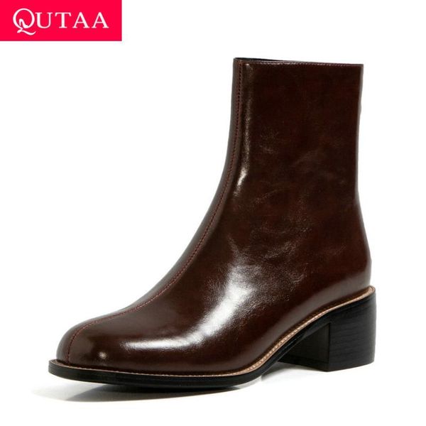 

qutaa 2021 square heel zipper ankle boots quality cow leather autumn winter women shoes casual round toe short boots size 34-39, Black