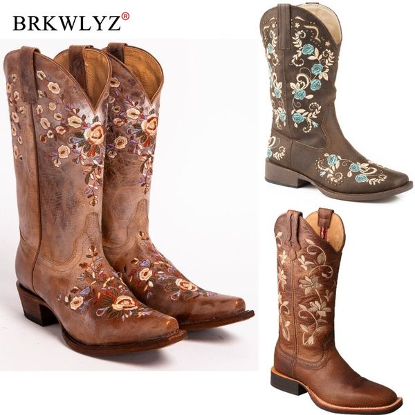 

fashion women's floral embroidered western boots cowgirl boots shoes knee high riding leather vintage riding, Black