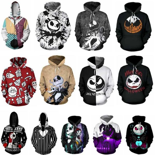 

the nightmare before christmas hoodie 3d print sweatshirts hoodies cosplay sally jack skellington santa zipper jacket coat, Black