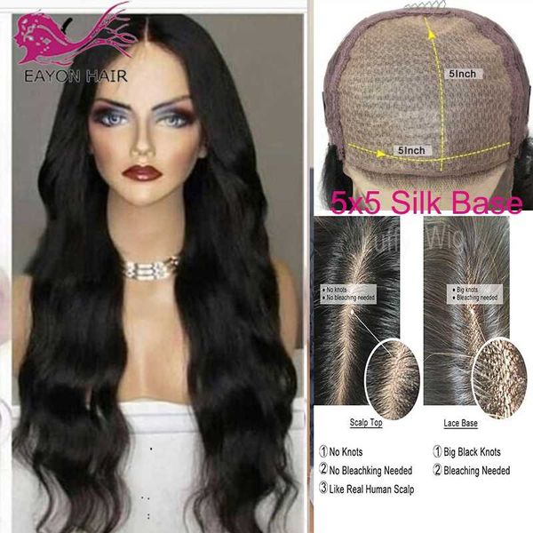 

eayon 5x5 scalp wigs body wave brazilian remy hair silk base closure wigs lace front human hair for women, Black;brown