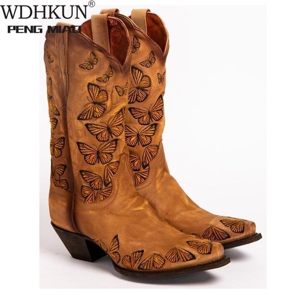 

women's rustic tan embroidered butterfly cowgirl boots western boots womens retro knee high handmade leather cowboy, Black