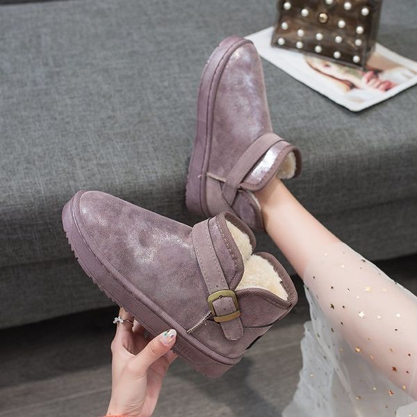 

fashion buckle platform ankle boots for women 2020 new warm short plush winter snow boots woman pink low heel shoes mujer, Black