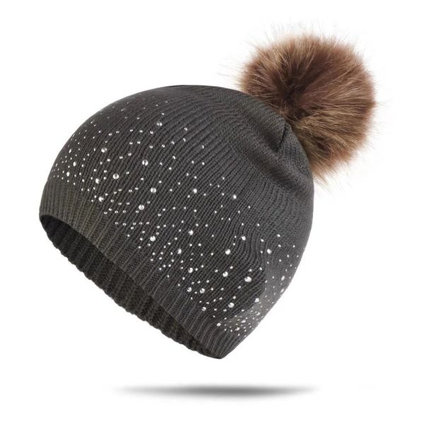 

мода женщины девушки beanie осень зима теплая шерсть cap повседневный прекрасный сплошной цвет pompom rhinestone родитель-ребенок вязаная ша