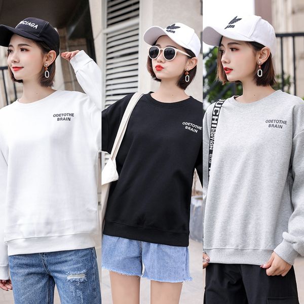 

korean style spring and autumn round neck women's sweater casual pullover solid color loose large pullover sweatercoat sweatersize long, Black