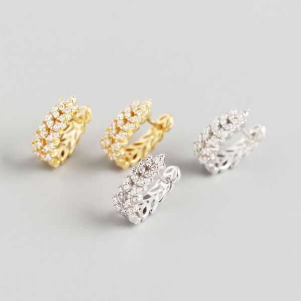 

hoop & huggie real 925 sterling silver vintage style leaves earrings leaf gold fashion zircon fine jewelry for girls and women, Golden;silver
