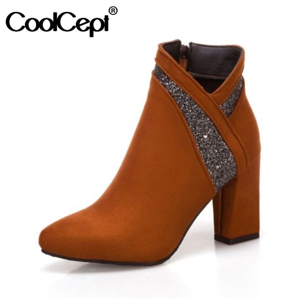 

boots coolcept size 32-43 women ankle round toe thick high heel zipper flock bling shoes outdoor female footwear winter, Black