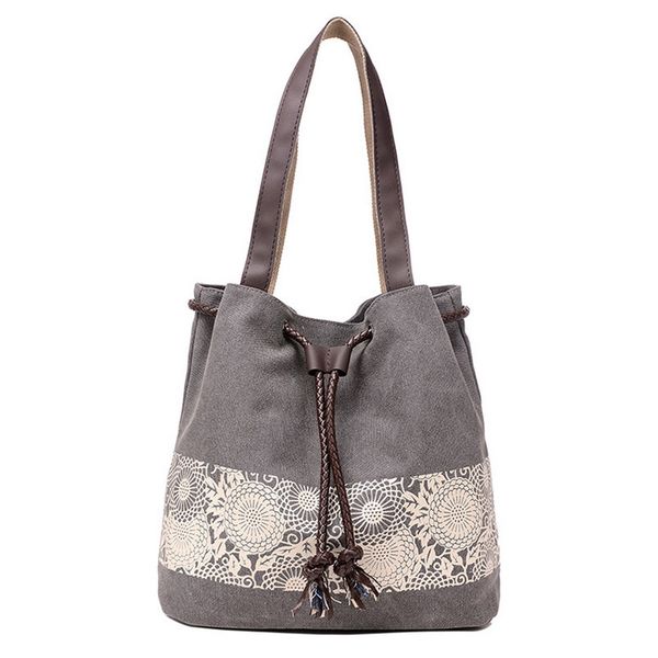 

fashion women canvas shoulder bag flower bags big capacity drawstring tote casual shopping handbag 30
