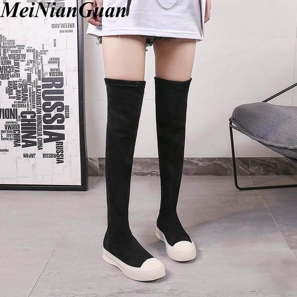 

зима над коленом boots женщины stretch ткани бедренной кости высокие сексуальная женщина обувь flats повседневный long боте feminina zapatos, Black