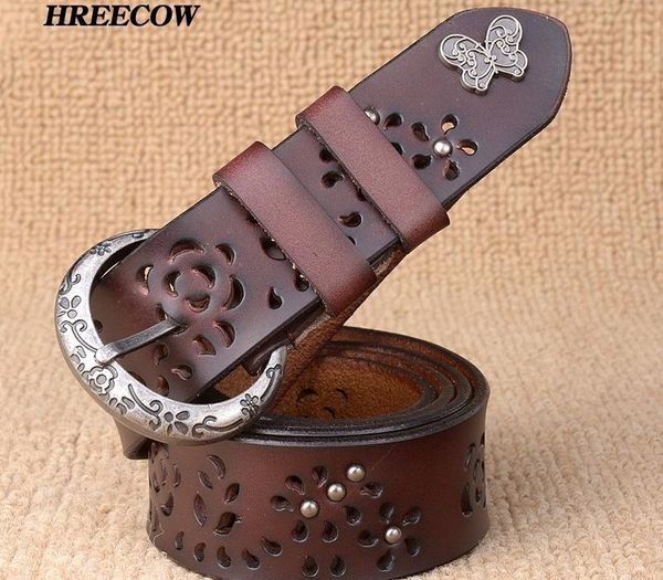 

women belt genuine leather bow luxury strap female hollow out rivet belts for women pin buckle good quality cintos masculinos y200501, Black;brown