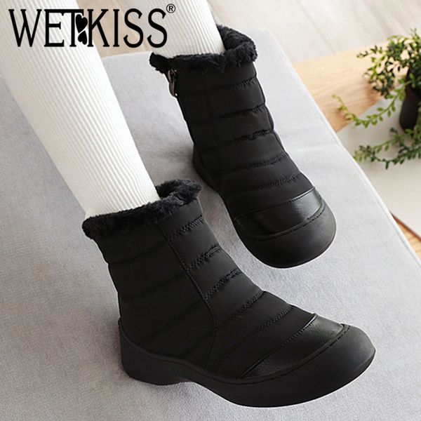 

wetkiss waterproof snow boots women down cotton ankle booties zip shoes female round toe flat shoes girl ladies winter 2020, Black