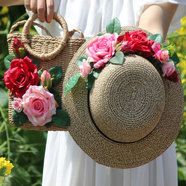 

women fashion bohemia style beach bag rattan holiday handbag and vacation hat suit weave straw summer flower casual tote