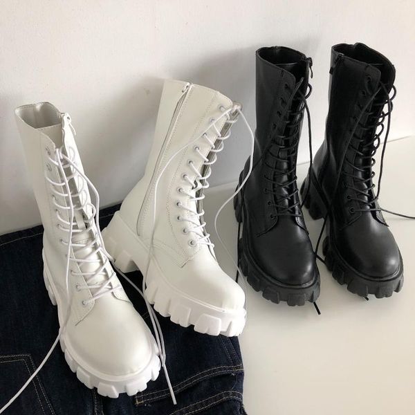 

boots 2021 spring women white autumn fashion black leather platform gothic punk combat mid-calf for shoes