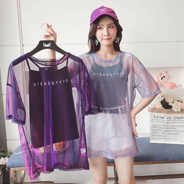 

transparent mesh t-shirts women plus size two set korean summer shirts short sleeve loose o-neck tee tshirt streetwear camis, White