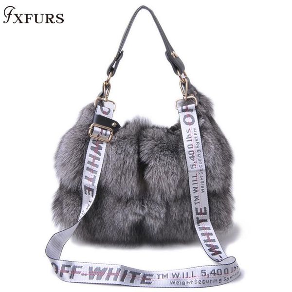 

fxfurs 2020 new real fur bags women message single shoulder crossbody bags silver fur large lady clutch bag