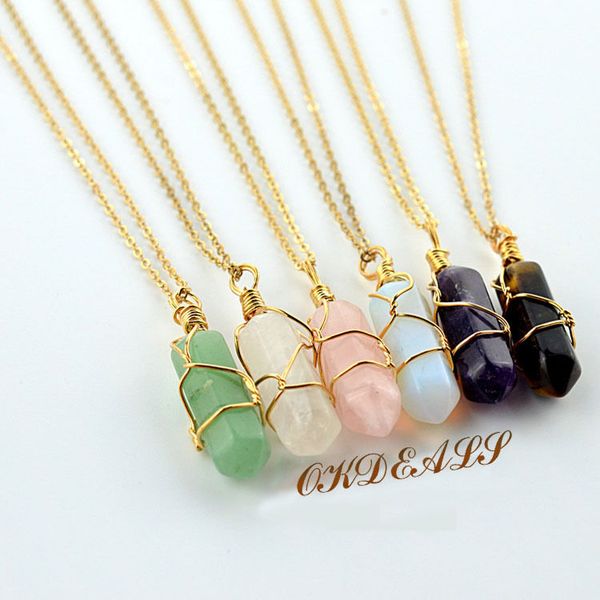 

Chic Gemstone Natural Crystal Quartz Chakra Stone Pendant With Gold Necklace CA #R571