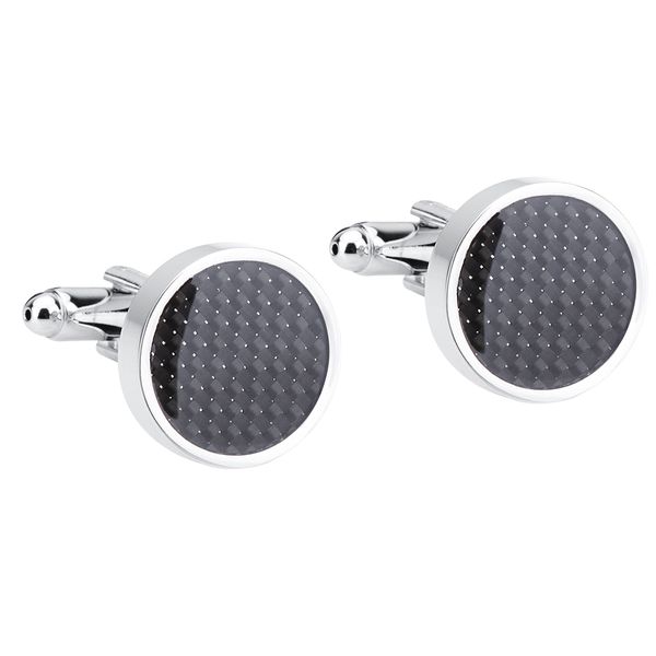 

1 pair unique black carbon fibre round cufflinks shirt cuff link for men wedding, Silver