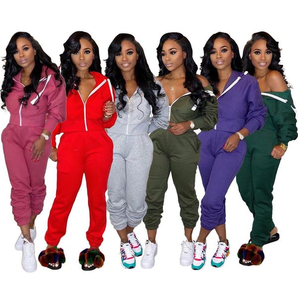 

Women Tracksuit Two Pieces Set Solid Color Zipper Jacket Casual Fashion Sports Suits With Hat Ladies New Fashion Outfits 2020