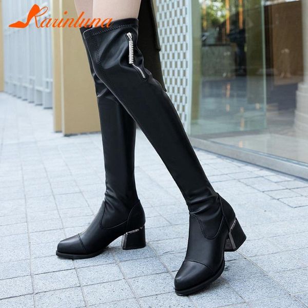 

karin 2020 fashion over-the-knee female boots casual round toe square thick heels zipper autumn women shoes, Black