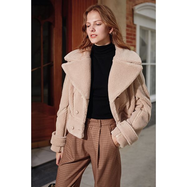 

women's fur & faux ael lambs coats women winter short outer wear mixed coat woman fake jacket elegant thick warm, Black