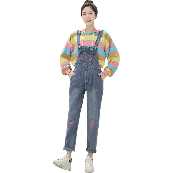 

new denim jumpsuit for women college style rompers cute butterfly embroidery denim jumpsuit loose overalls vintage jeans, Blue
