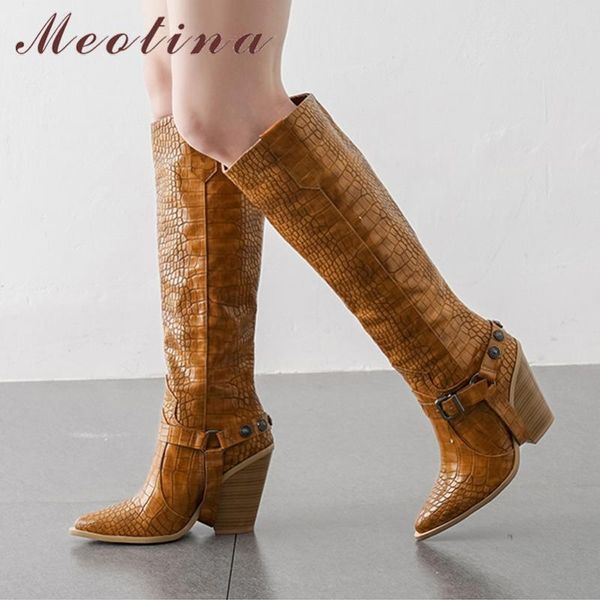 

meotina winter western boots women buckle strange style heel knee high boots pointed toe super high heel shoes lady autumn 33-46, Black