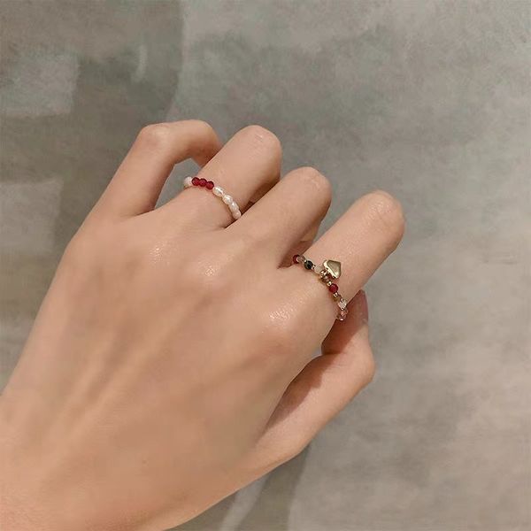 

kpop мода красочные акриловые бусины эластичные кольца для женщин bff vintage pearl mid finger knuckle обручальные кольца эстетическая ювели, Golden;silver