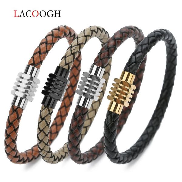 

lacoogh black leather rope 6mm cord bracelets stainless steel for men woman pentagonal section magnetic clasp connector bangles, Golden;silver