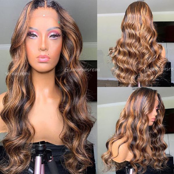 

lace wigs brazilian body wave front human hair with baby t part honey blonde highlight remy density 150 for woman, Black;brown