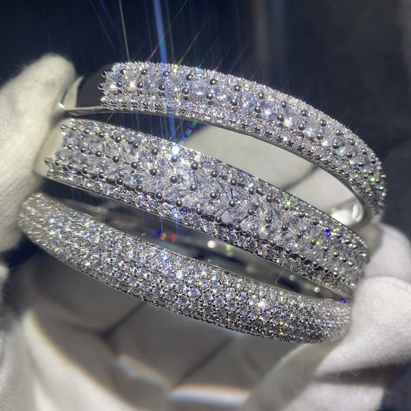 

Sparkling New Arrival Luxury Jewelry 925 Sterling Silver Fill Pave White Sapphire CZ Diamond Women Wedding Bangle Finger Bracelet Gift