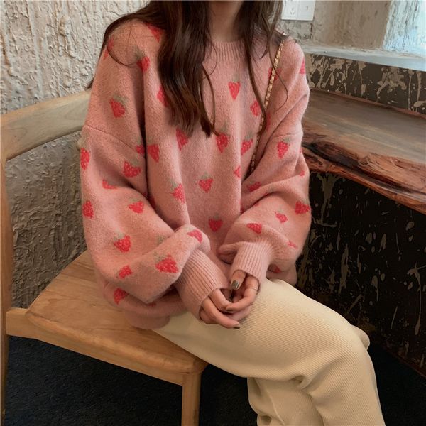 

women's sweaters oversize sweater sweet strawberry knitted women korean jumper loose outerwear jacket oversized, White;black