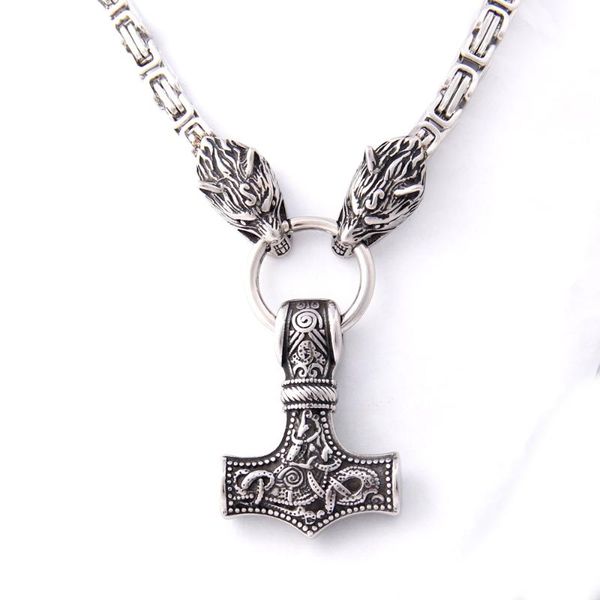 

viking thor thor hammer pendant necklace titanium steel wolf head chain necklace viking retro jewelry, Silver