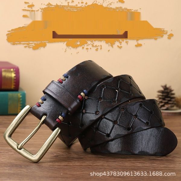 

korean-style hollow-out old leather men's leather pinbelt beltthickened layer cowhide trendy personalized pure copper belt 4kren, Black;brown