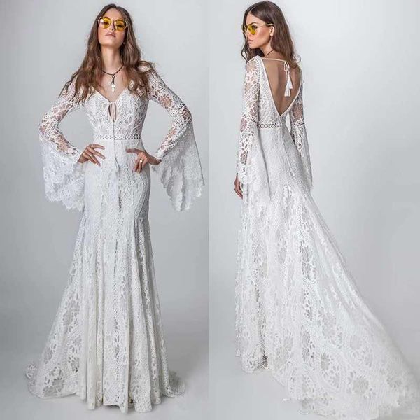 

2020 bohemia lace beach wedding dress vintage mermaid long sleeve vestido de noiva new crochet country wedding dress bridal gowns, White
