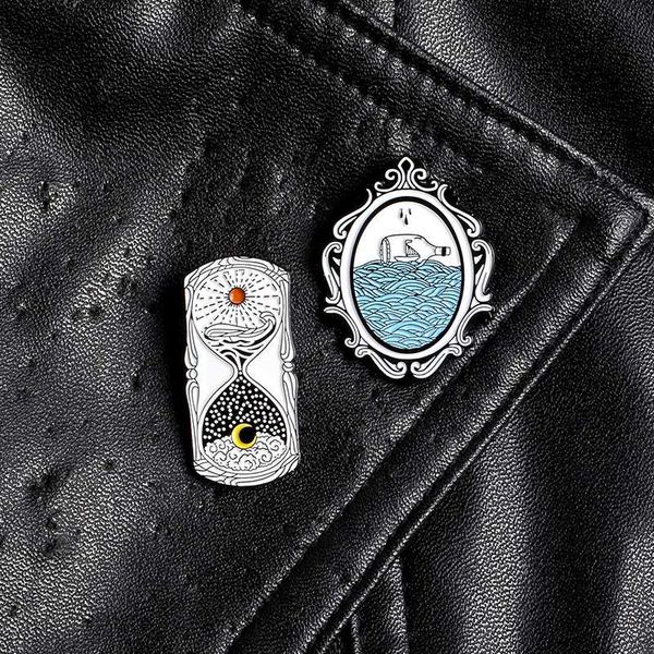 

pins, brooches lonely drift bottle mirror enamel pin day and night hourglass lapel pins badges for clothes bag backpack gift jewelry, Gray