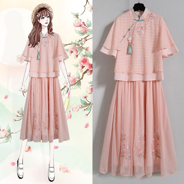 

traditional qipao shirt chinese clothing women tang costume cheongsam suit-dress floral +pleated skirt women hanfu set suit, Gray